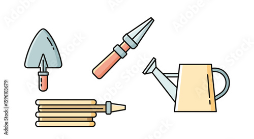 A collection of colorful gardening tools icons: trowel, auger, watering can, and hose.