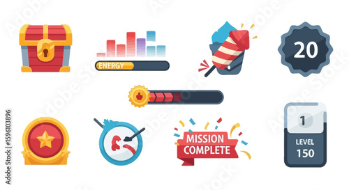 Collection of flat design game interface elements, including progress bars, a treasure chest, and achievement badges.