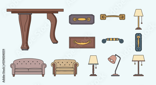 Collection of classic furniture and lighting design elements, including sofas, tables, and lamps.