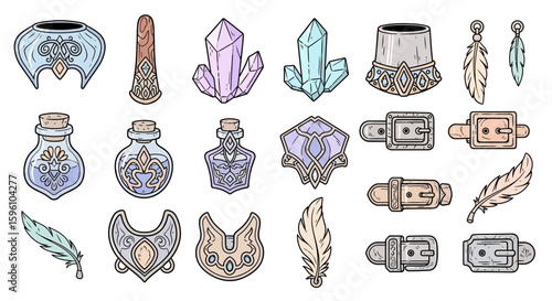 Collection of whimsical, decorative, fantasy-themed objects, including crystals, bottles, feathers, and buckles.