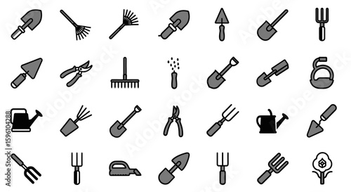 Collection of various gardening tools, depicted as simple line icons.