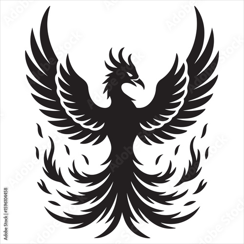 Majestic Phoenix Rising Silhouette In Black And White Vector Graphic.