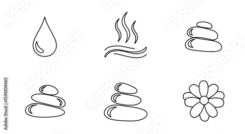 Simple line art icons representing elements associated with relaxation and wellness.