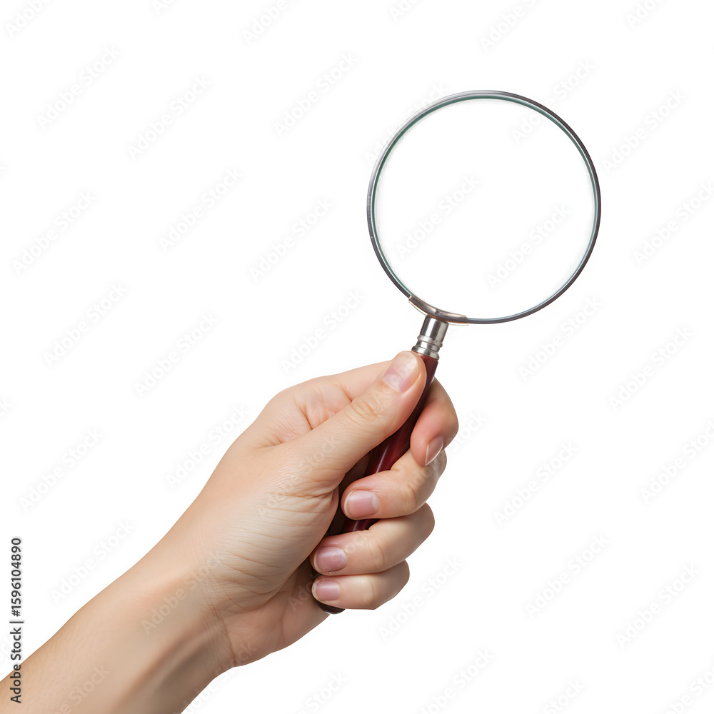 A hand holding a magnifying glass isolated on white or transparent background. PNG format.
A hand holding a magnifying glass isolated on white or transparent background. PNG format.