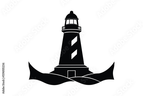 Black and White Lighthouse Silhouette with Waves Illustration