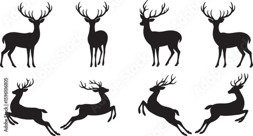 Set of Black Deer Silhouettes in Various Poses