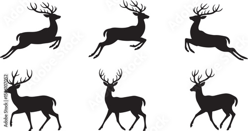 Set of Black Deer Silhouettes in Various Poses