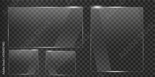 set of Glass plate on transparent background with Realistic screen glass, window mockup, glossy plastic glare frame, acrylic sheet with glares and light