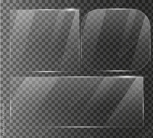 set of Glass plate on transparent background with Realistic screen glass, window mockup, glossy plastic glare frame, acrylic sheet with glares and light