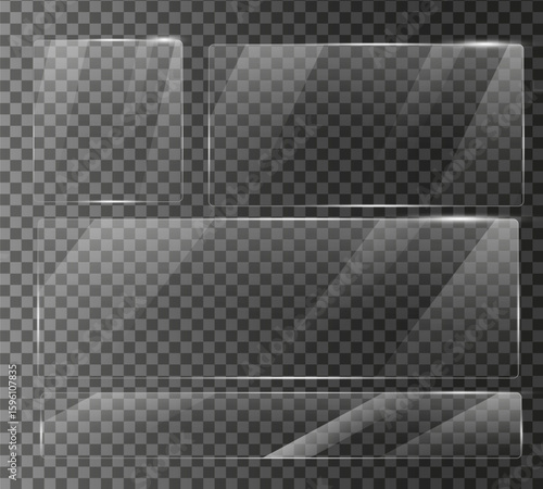 set of Glass plate on transparent background with Realistic screen glass, window mockup, glossy plastic glare frame, acrylic sheet with glares and light