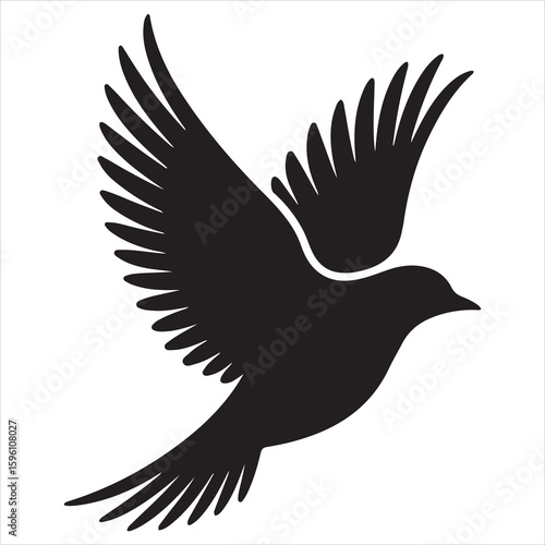 Elegant Black Bird Silhouette Flying With Open Wings For Graphic Design.