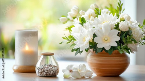 A memorial table with a stunning arrangement of white flowers and the ashes of the deceased, creating a space for tribute and reflection