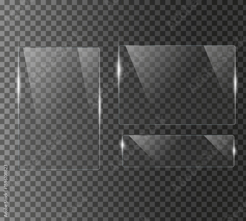 set of clear high qulity Glass plate on transparent background. glossy plastic glare frame, acrylic sheet
