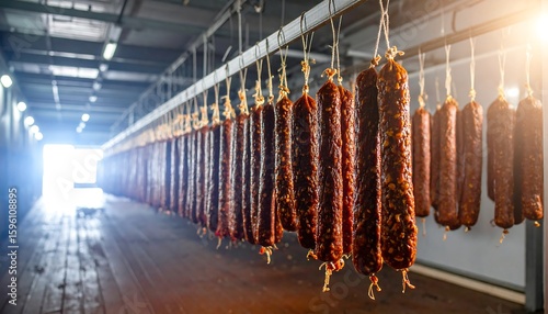 Drying salami with food factory interior.