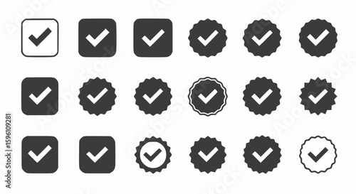 Black & white outline and silhouette check mark and verified badge icons. Vector collection for approval and quality assurance concepts.