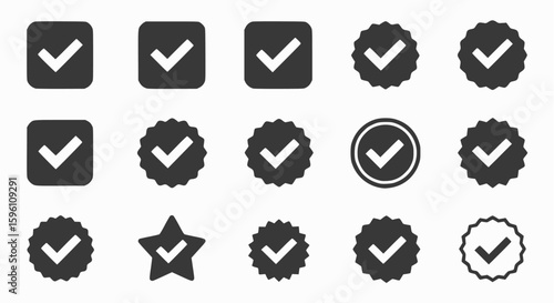 Black & white outline and silhouette check mark and verified badge icons. Vector collection for approval and quality assurance concepts.