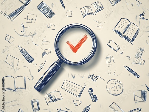 Magnifying glass focused on a red check mark over a background of sketches