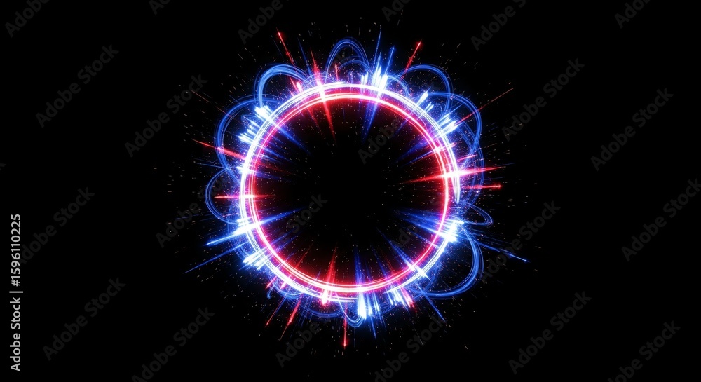 Fototapeta premium A vibrant neon glow circle with red and blue light streaks, creating a dynamic and energetic design on a black background.