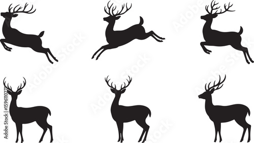 Set of Black Deer Silhouettes in Various Poses