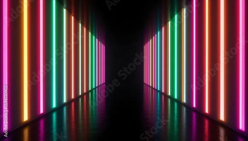 Vibrant neon glow lines illuminate a dark corridor, creating a striking visual effect.