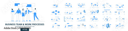 Teamwork in business. Flat vector set of office people working, men and women employees. Corporate success, strategy, and job concepts. Modern infographic design. Team, personal career plan icons.