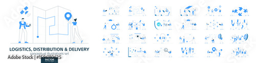 Logistic business. Flat vector set of people working. Goods supply chain, cargo export and import concepts. Modern infographic distribution industry design. Ship, transport, truck and freight icons.