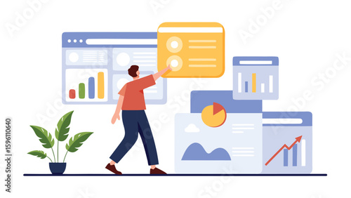 Person interacting with data dashboards and charts in a business analytics environment setup