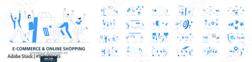 Online shopping, retail business, purchase. Flat vector set of people working. Mobile phone payment, commerce, delivery and buy product concepts. Modern infographic design. Store, sale, customer icons