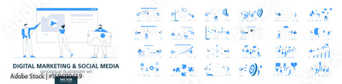 Social media technology, digital business company. Flat vector set of people working. Seo strategy, network communication concepts. Modern infographic corporate design. Web site, video content icons