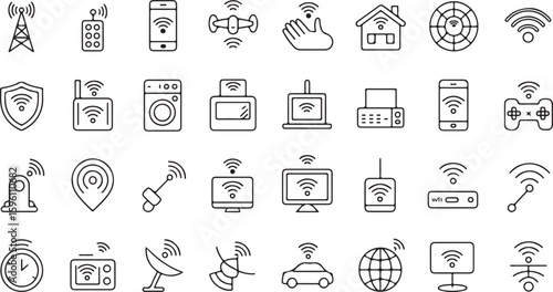 A collection of black and white line icons for technology and wireless connectivity