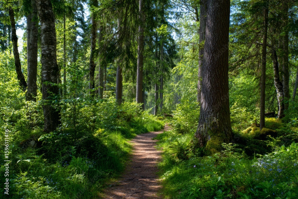 Fototapeta premium Forest nature trail surrounded by vibrant green trees