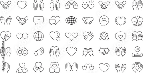 Collection of black and white line icons representing love, charity, and togetherness