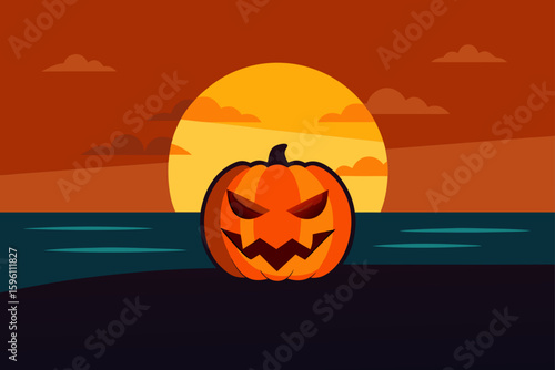 A glowing jack o lantern on a beach at sunset vector illustration