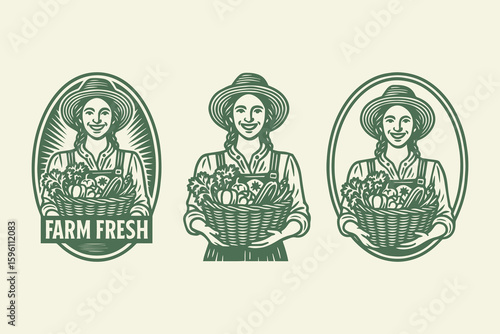 Farmer woman with vegetables basket engraving style vector illustration