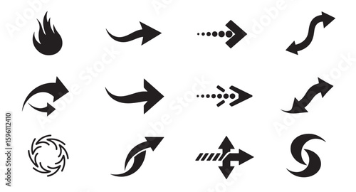 Collection of black arrow icons and symbols for design and directional guidance