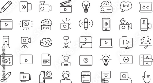 A collection of black and white line icons for media production and creative technology