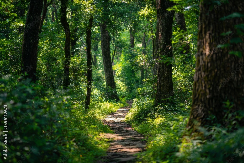 Fototapeta premium Forest nature trail surrounded by vibrant green trees