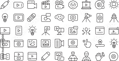 A collection of black and white line icons for video production and digital content creation.