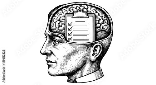 Inside businessman’s head — to-do list with marked tasks, conceptual business art, black and white sketch engraving style, vector illustration.

