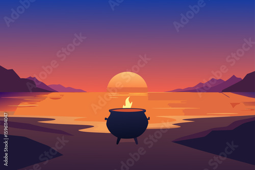 A watermelon with a ghostly face in a tropical setting vector illustration