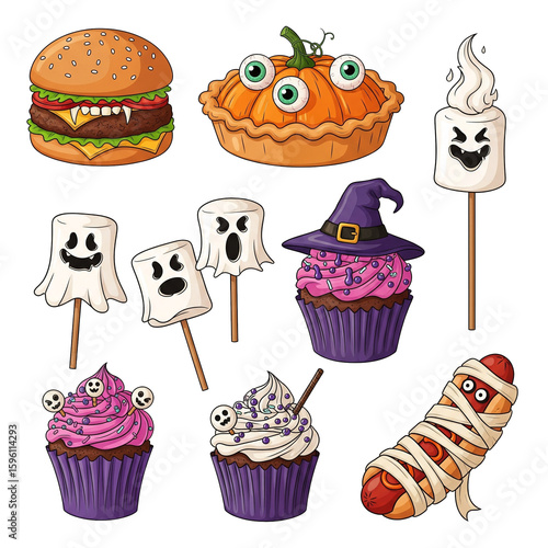 Halloween food cute desserts with cartoon spooky icons