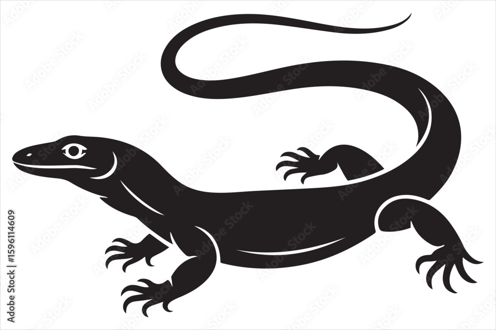Fototapeta premium Black And White Vector Illustration Of A Komodo Dragon Silhouette On White Background.