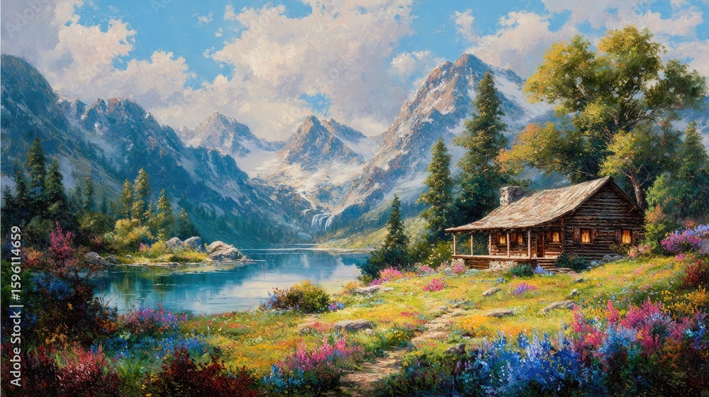 Fototapeta premium Colorful Alpine Meadow With Cabin And Lake