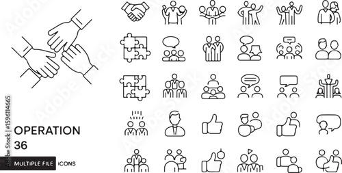 A collection of minimalist line art icons for business operation and teamwork.