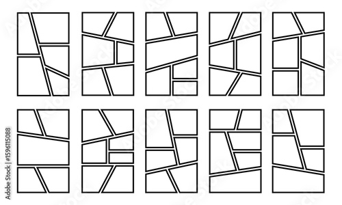 Four different types of blank templates storyboard layout panels comic manga grid collage. Blank page frame for comic book, photo collage, poster, flyer. 	