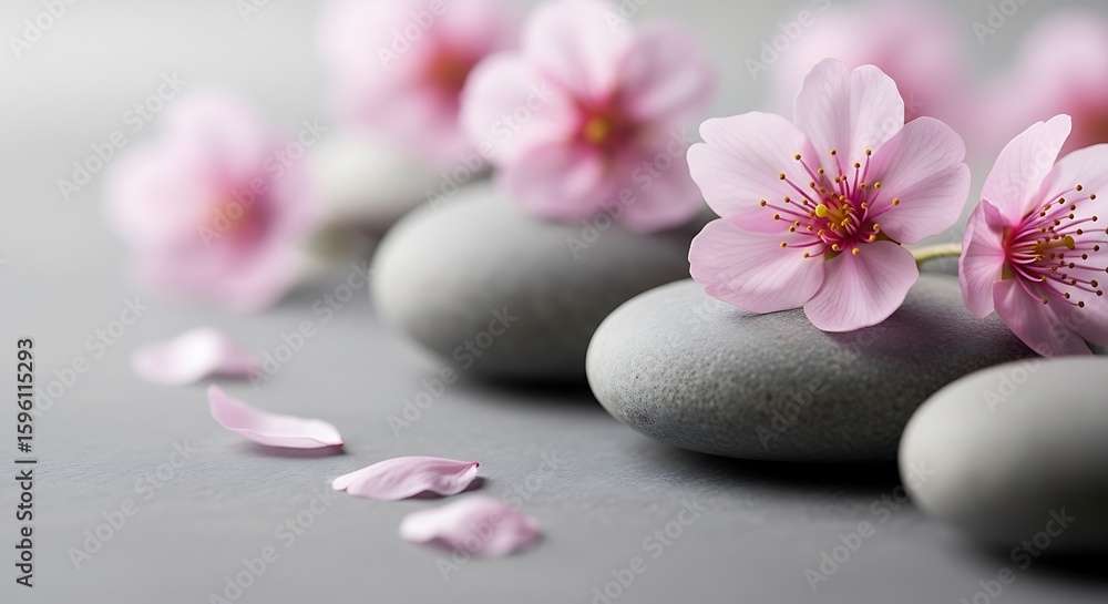 Delicate pink cherry blossoms rest on smooth grey stones creating a serene spa and wellness scene Delicate pink cherry blossoms rest on smooth grey stones creating a serene spa and wellness scene