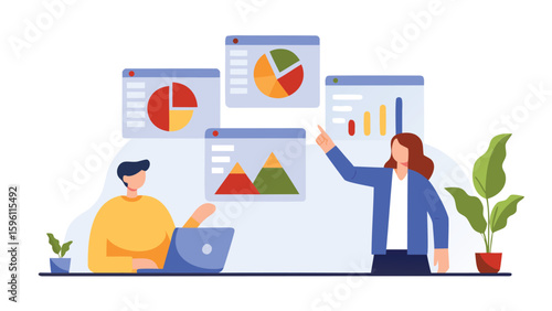 A presentation of data with charts and graphs being given to a man with a laptop by a woman speaker