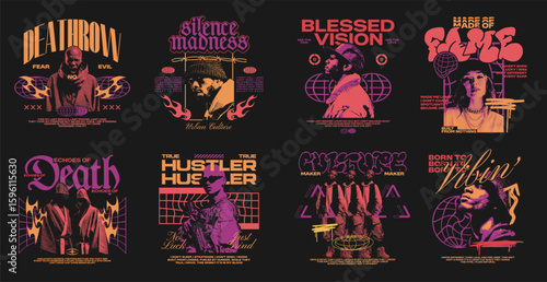 Urban streetwear graphic t-shirt design bundle, Set of urban style poster art, Dark aesthetic poster collection, Diverse urban culture apparel designs, Street culture brutalism graphic tee for print