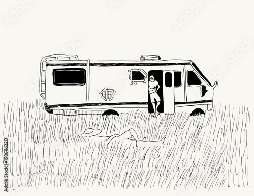 old mobile home at field in sketch hand drawn style. Template for decor postcard design print poster background wallpaper wrapping packaging banner backdrop