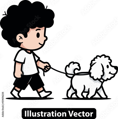 Boy Walking a Poodle Cute Cartoon Style Friendship and Companion Animals Illustration